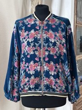 Tolles Seiden-Blouson Samt Bomber Jacke von Johnny Was Gr.XS Petrolblau Geblümt