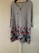 Grey Long Sleeve Tunic Dress with Floral Print Hem. Size 14
