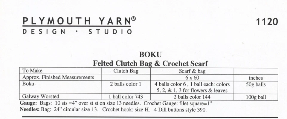 Plymouth Yarn Pattern 1120 Knit Felted Clutch Bag & Crochet Scarf, Flowers - Image 2 of 2