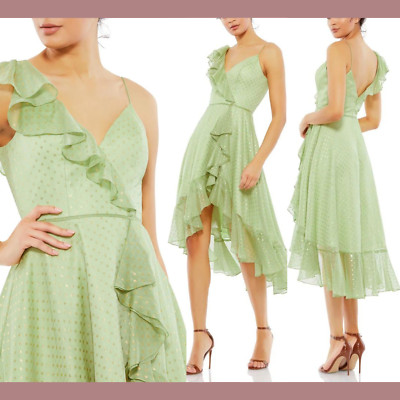 NWT IEENA Mac Duggal [ 8 ] Ruffle Faux Wrap Midi Dress in Pistachio Green #Q788