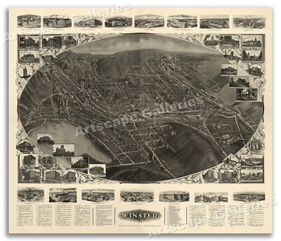 1908 Winsted Connecticut Vintage Old Panoramic City Map - 24x28