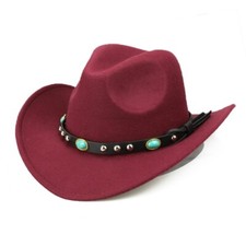 Red, Maroon Western Cowboy, Cowgirl Hat, Turquoise, Men Women Retro Wide Brim