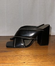 Black Leather Chunky High Heel Open Toe Square Toe Slip On Mules
