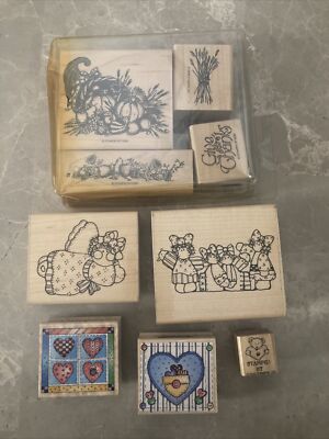 Lot of 1 Stampin' Up! Rubber Stamp Sets 9 Pieces. Grand Cornucopia, Hearts, Girl