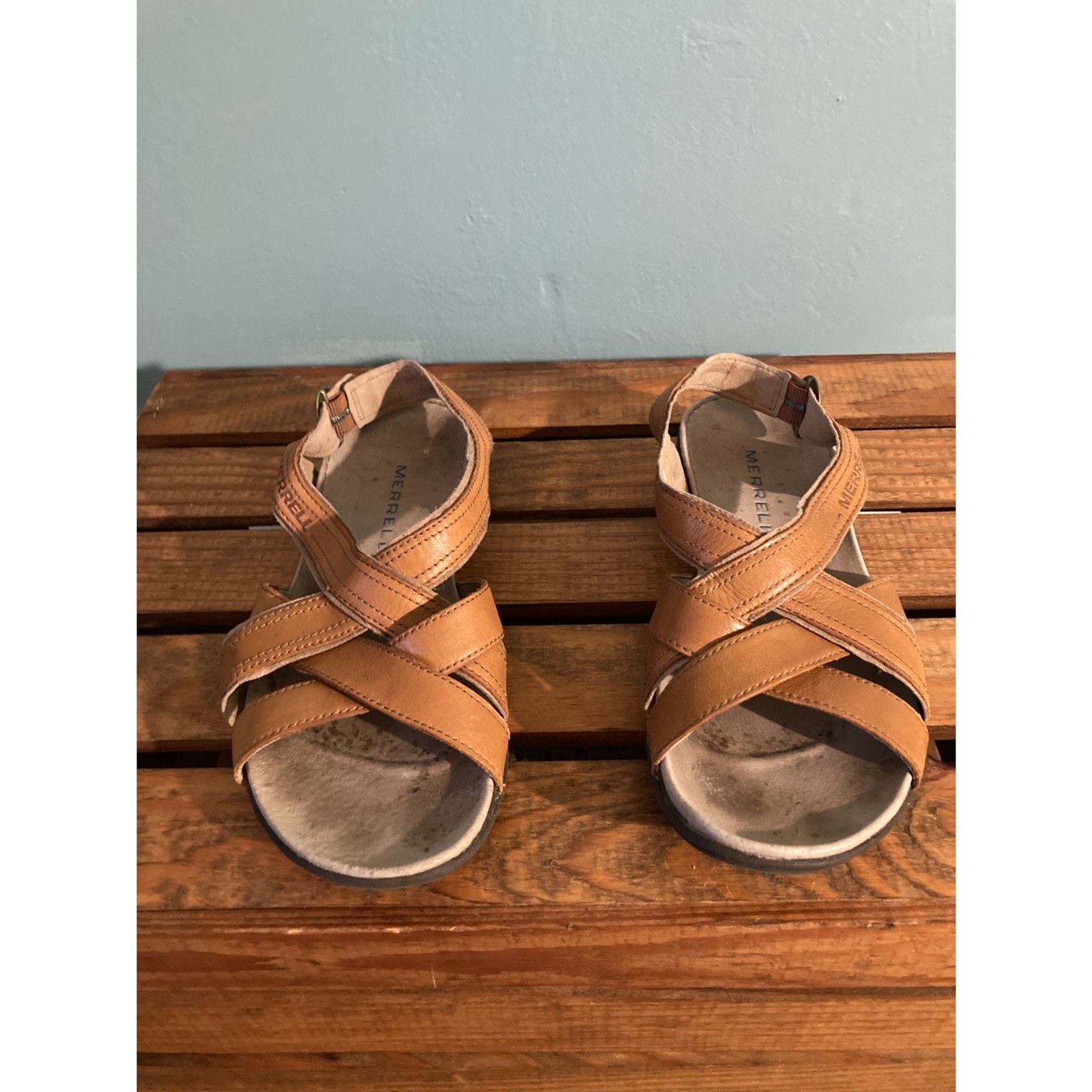 Sandali in pelle marrone Merrell con chiusura fibbia regolabile taglia 6