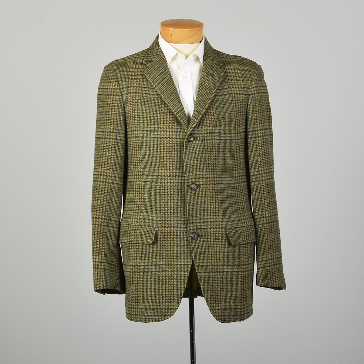 1960s Mens Wool Tweed Jacket Plaid Three Button Slim Lapel VTG 60s