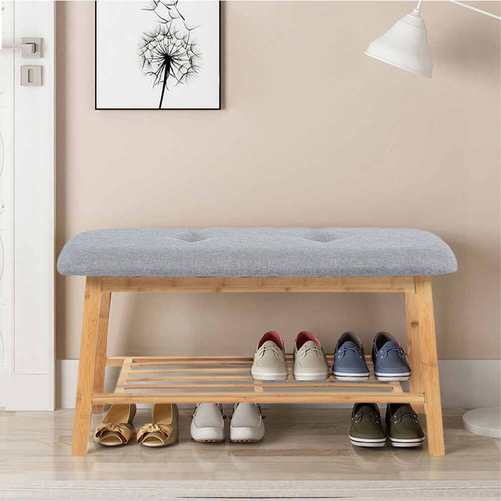 Tier Wood Shoe Bench Bamboo Boot Rack Shelf Storage Linen Button Padded  Seat