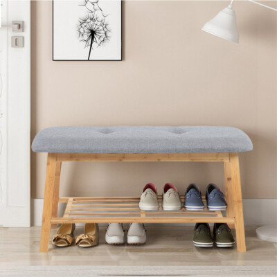Tier Wood Shoe Bench Bamboo Boot Rack Shelf Storage Linen Button Padded  Seat UK