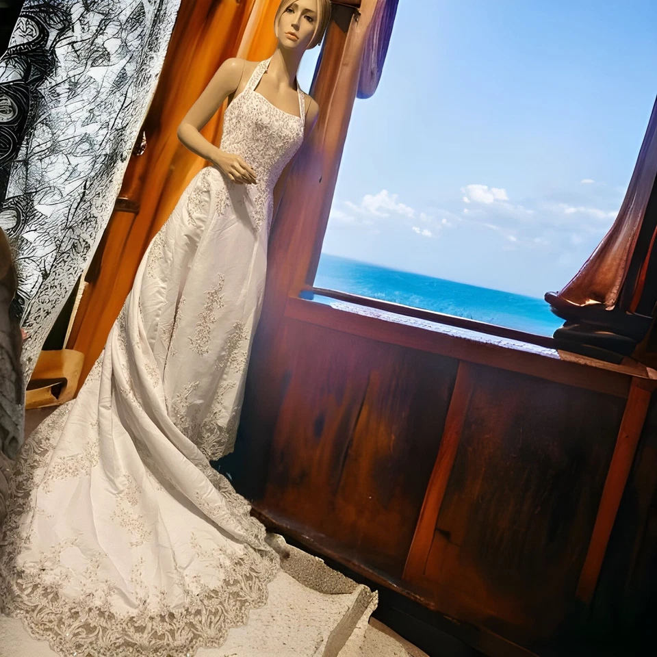 Vestido de novia David Michaelangelo blanco halter línea A vestido de encaje con cuentas 4 nuevo con etiquetas Foto 4 de 4