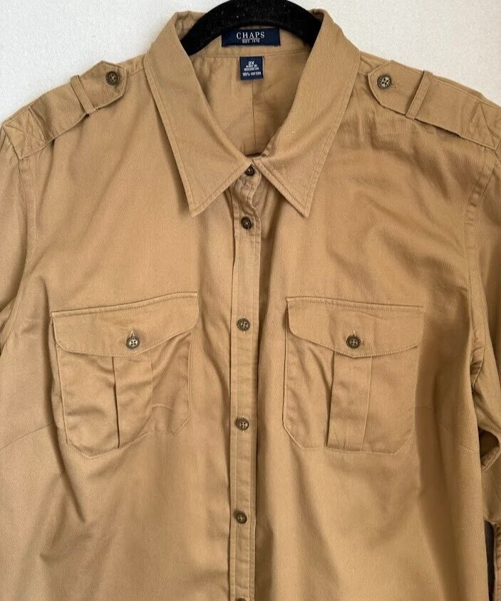 Camisa Top Chaps Mujer Talla 2X Marrón Manga Larga Bolsillos Abotonados Informal Foto 2 de 4