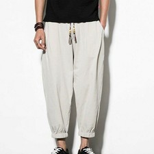 Men Cropped Trousers Cotton Shorts Harem Pants Loose Ankle Length Baggy Chinese