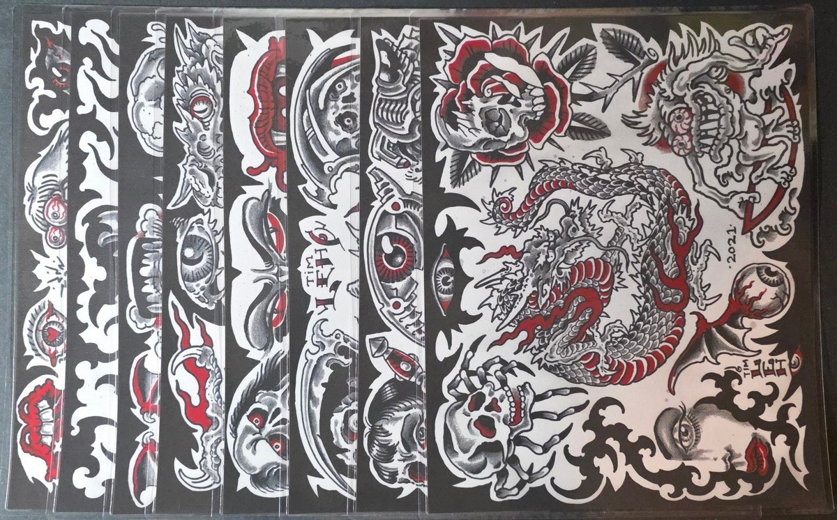 Set Of 8 2021 Tim Lehi Neo Traditional Tattoo Flash Sheets With