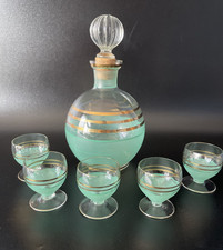 Vintage MCM Green & Gold Striped Liquor Decanter w 5 Footed Liqueur Glasses Set