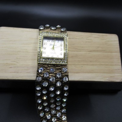 Geneva Platinum 9566 LC Women's Gold Tone Square Rhinestone Bracelet Watch