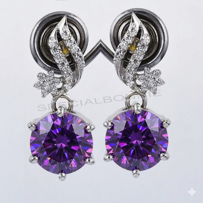 10 Ct Purple Diamond Solitaire Earrings, Great Sparkle - 925 Silver-Tariffs FREE