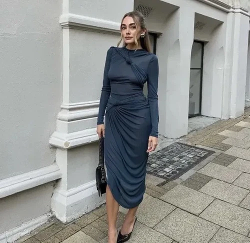 NWT_ZARA WOMAN KNOTTED ASYMMETRIC DRESS ZW COLLECTION 8686/244 blue gray_M