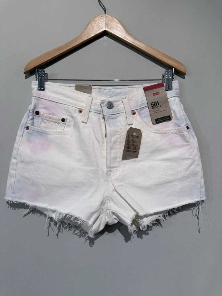Pantalones Cortos Para Mujer LEVI'S 501 Corte Talla 26 Blanco Rosa Azul Tie Dye Tire Alto Foto 2 de 4