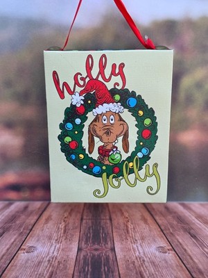 Dr Seuss Grinch HOLLY JOLLY DOG  MAX CHRISTMAS Light Up Canvas Ornament NEW