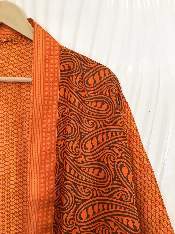 Jaqueta cardigã curta de seda pura quimono espanador capa roupão solto laranja KMS3726 - Imagem 3 de 4