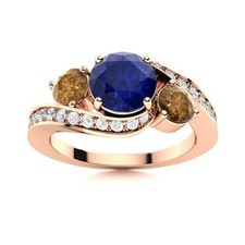 925 Sterling Silver Rose Plated Blue Sapphire  Smoky Quratz Three Stone Ring