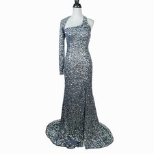 Sherri Hill 54213 Gray Sequin One Shoulder Long Sleeve Homecoming Formal Dress