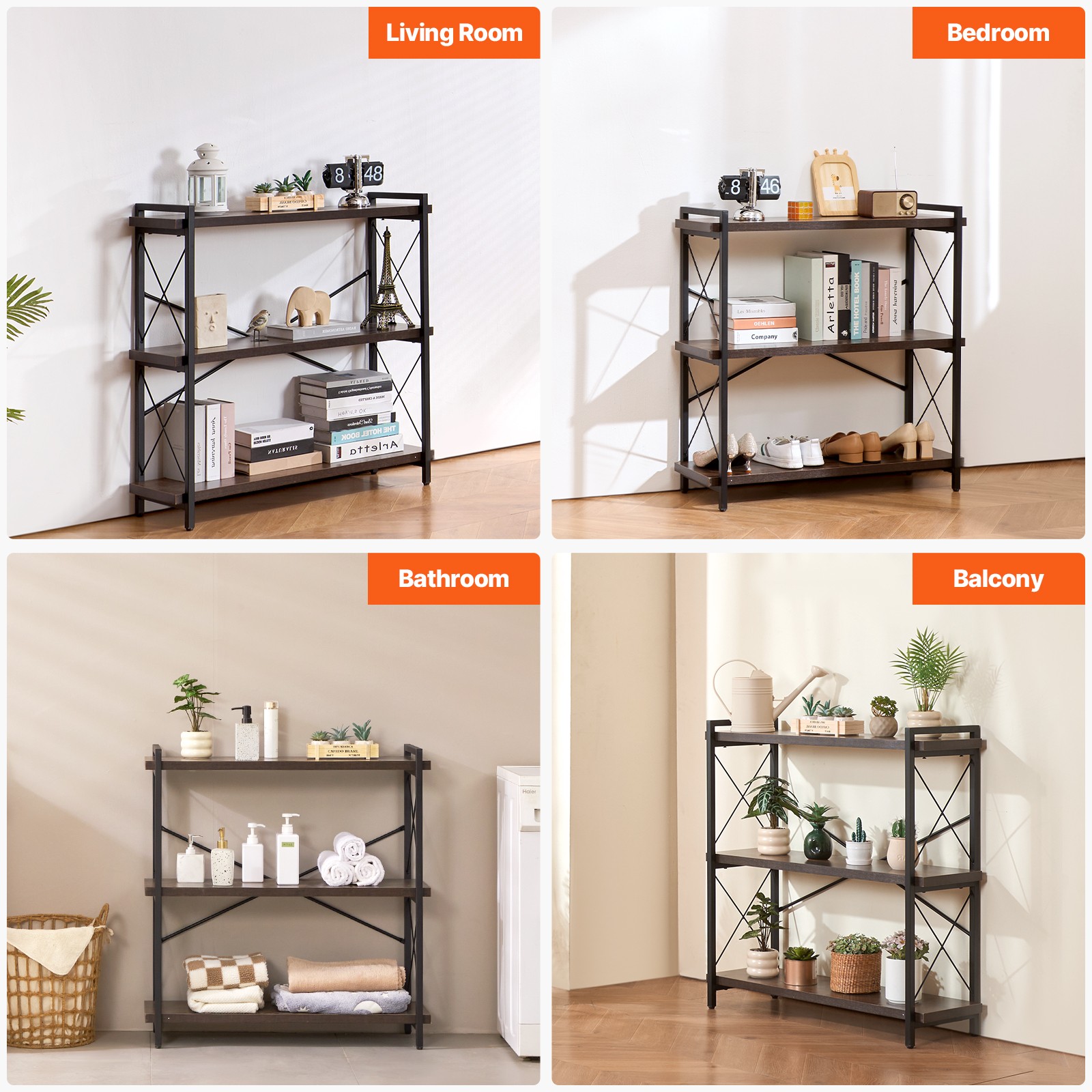 Uimoso Metal Bookshelf Rustic Bookshelf 3-Tier for Living room Bedroom & Office