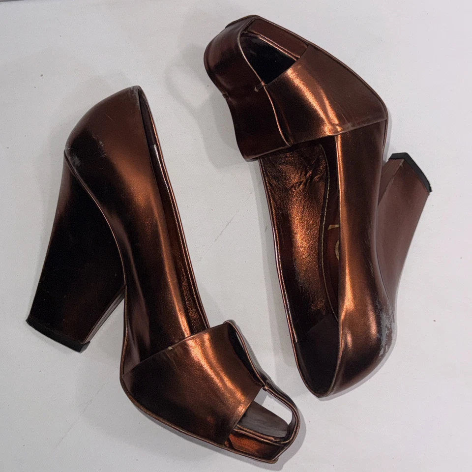 Sandalias de tacón de diseñador Yves Saint Laurent YSL canasta naranja bronce cuero 37,5 Foto 2 de 4