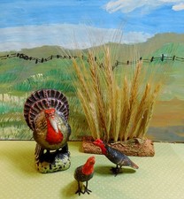 Lot of 3 German Putz Turkey with Hens - Candy Container, Germany, Thanksgiving