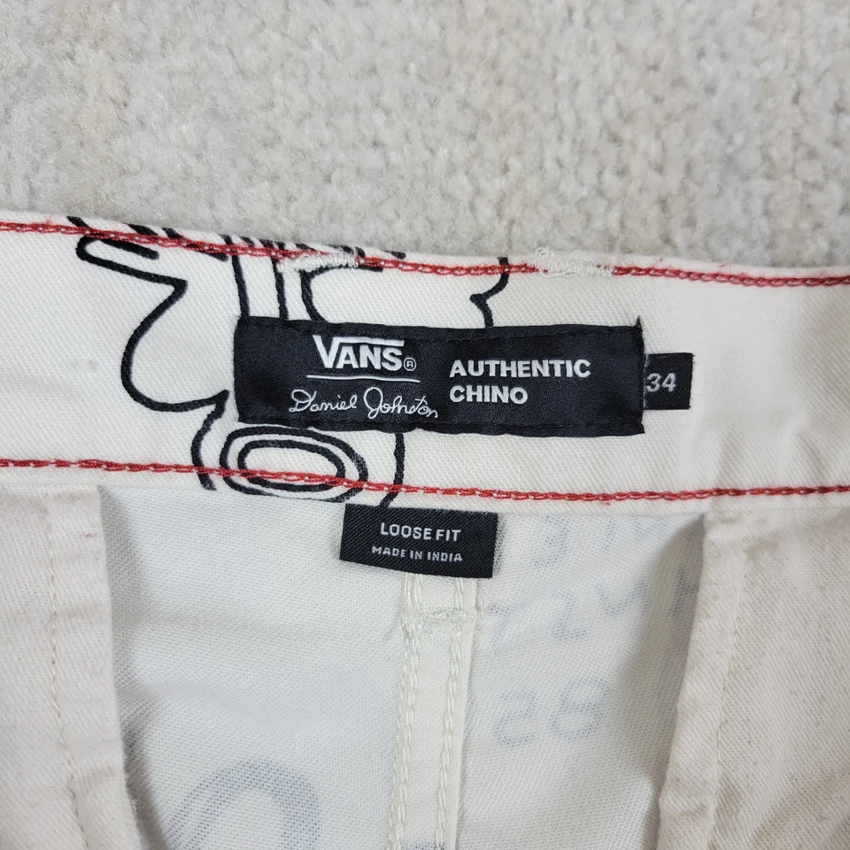 Pantalones Vans Daniel Johnston Para Hombre 34x32 Blanco Negro Obra de Arte Sueltos Chino Punk Estampado Foto 3 de 4