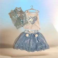Girls sassy Set Blue White Sleeveless Top Iridescent Vest Tulle Skirt Pom-Poms