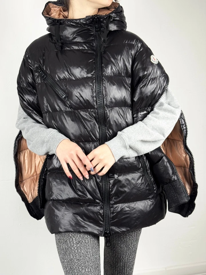 Женская Moncler Liriope с капюшоном черный выстеганный пуховик вниз куртки размер 2 ~ M - Изображение 2 из 4