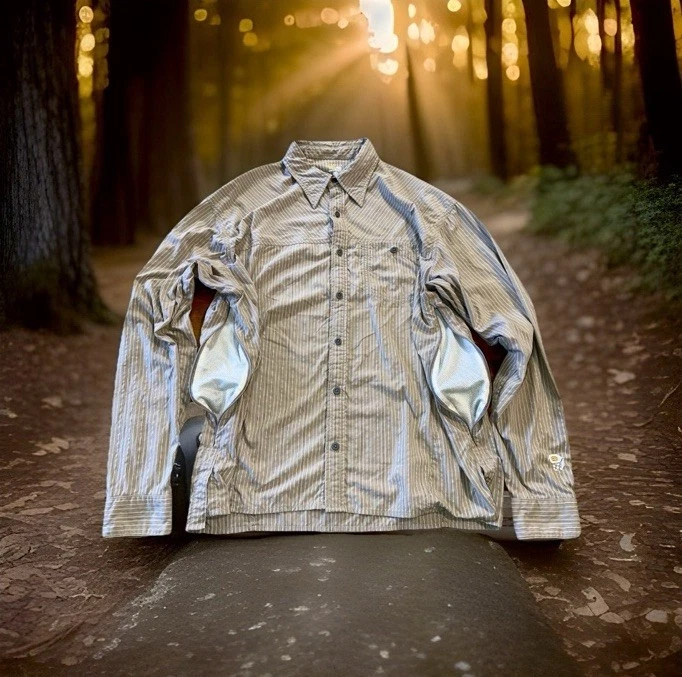 Mountain Hardware Side Vented Shirt Men XL Beige Striped Logo Long Sleeve Pocket