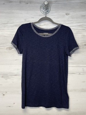 Express Shirt Womens Small Navy Blue Glitter Trim Crewneck Easy Slub Tee Casual