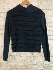 Carlisle Silk Sweater Womens Small Black Embroidered Faux Fur Trim 100% Silk
