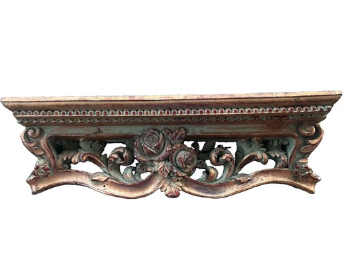 Shabby Chic Distressed ornate baroque Shelf carvings of roses Gold Sage Red EUC