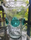 Blenko #439  9¼" Tall Clear Crackle Glass Vase  Applied Teal Rosettes