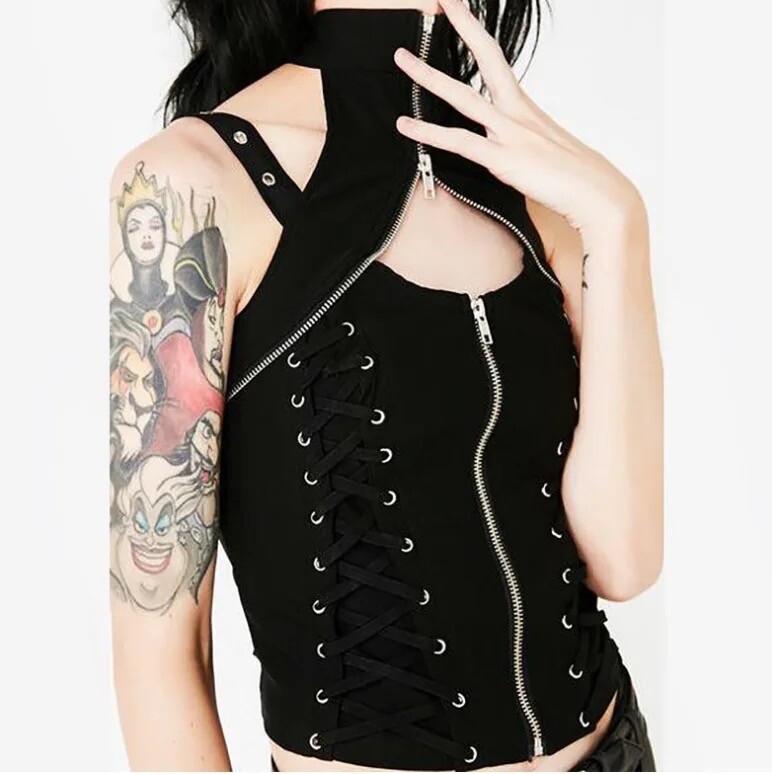 CORSET ZIP UP LACE UP TURTLE NECK VEST HALTER TOP GOTH BIKER CORE