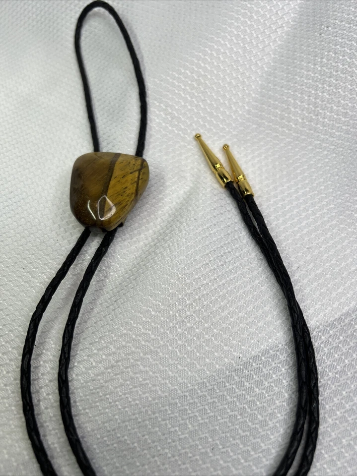 Corbata vintage Southwest Bolo cordón de cuero trenzado ágata piedra dorada Foto 2 de 4