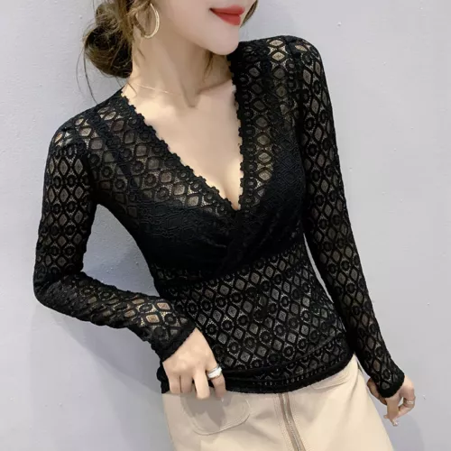 Damen Spitze Bluse Top T-Shirt V-Ausschnitt Langarm transparent durchsichtig schmal sexy weich - Bild 8 von 23