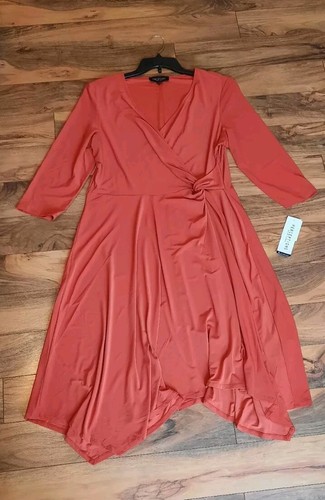 Perceptions New York 3/4 Sleeve Faux Wrap Midi Dress Twist Waist Size XL Rust - Picture 12 of 16