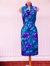 JESSICA HOWARD BLUE PURPLE SILK STYLE 50'S MIDI FRILL PENCIL DRESS 14 TWICE £130