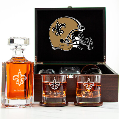 New Orleans Saints - Engraved Football Whiskey Decanter 2 Glasses In Wood Box