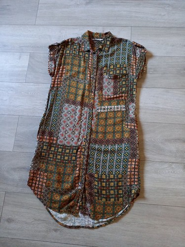 Apricot Brown & Green Patchwork Prints Shirt Dress Boho Retro Smart Casual UK8 - Picture 2 of 18