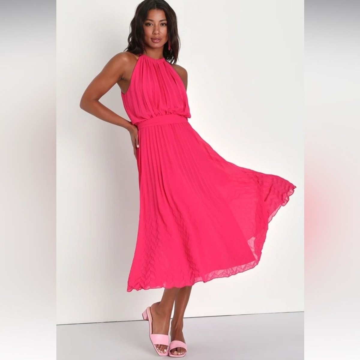 Lulus Gorgeous Day Hot Pink Pleated Halter Midi Dress Size XS NWT | eBay