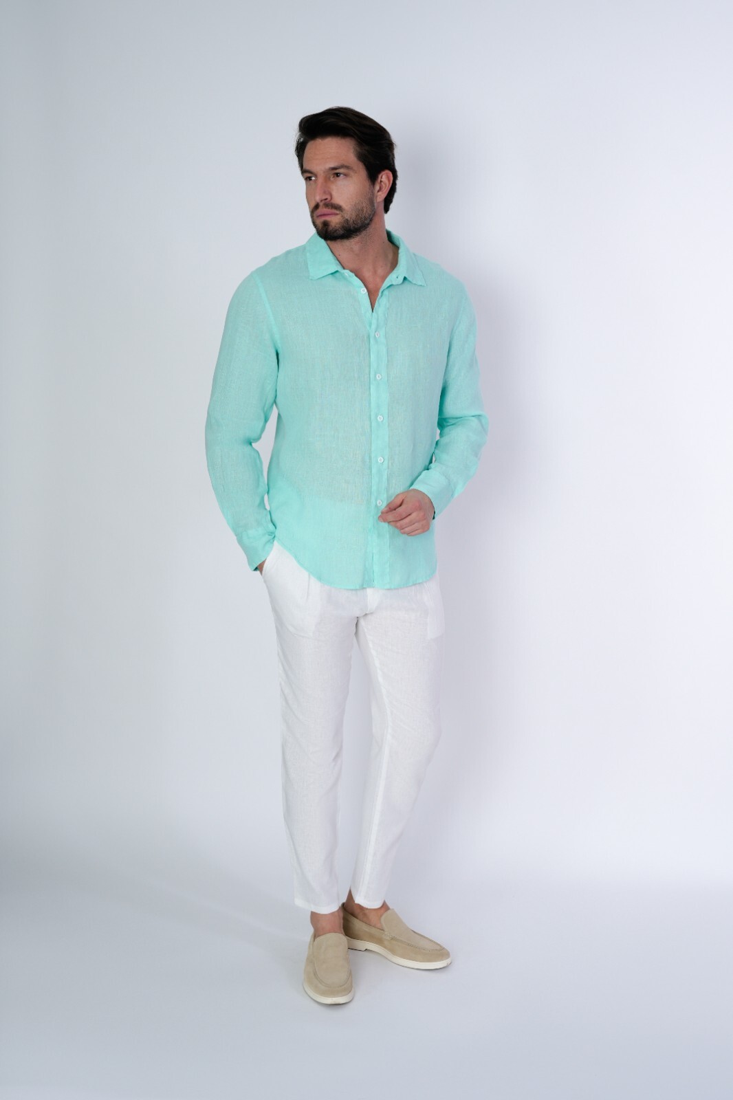 Camisa Hombre Manga Larga 100% LINO Hecha En Italia Cuello Clásico