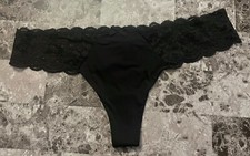 NWT VICTORIA'S SECRET DREAM ANGELS LARGE BLACK SMOOTH FLORAL LACE THONG PANTIES