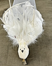 Vintage Peacock Christmas Ornament White Feathers Flocked Body 8x6 Clip On Hang