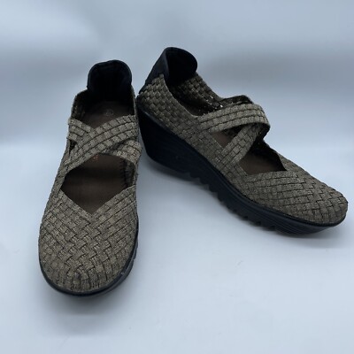 Bernie Mev Gold Woven Cleopatra Mary Jane Wedge Slip On Casual Shoe Size 