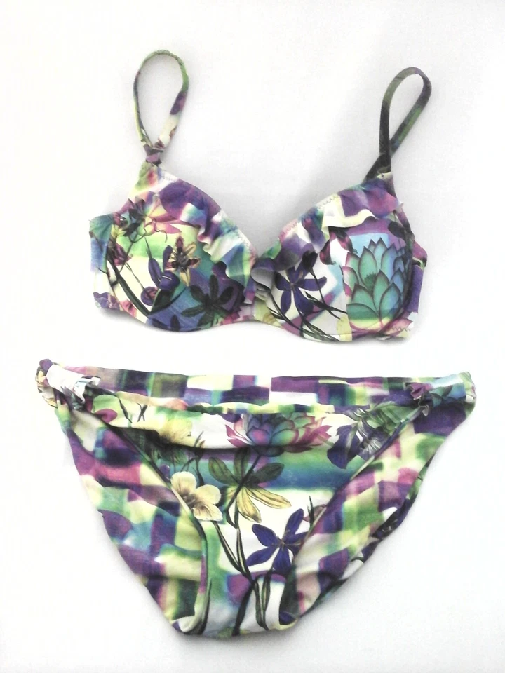 BECCA Bikini 2 Piece Purple Green Floral Underwire Bra Reversible Bottom L $132 - Image 2 of 4