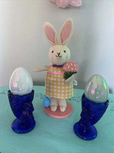 Cobalt Blue Fenton? Glass Easter Bunny Rabbit Egg Cups With Fabric Spritz Bunny